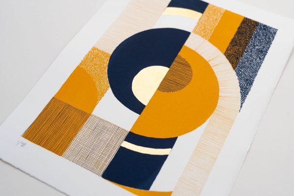 detailed shot of an abstract screen print with gold leaf