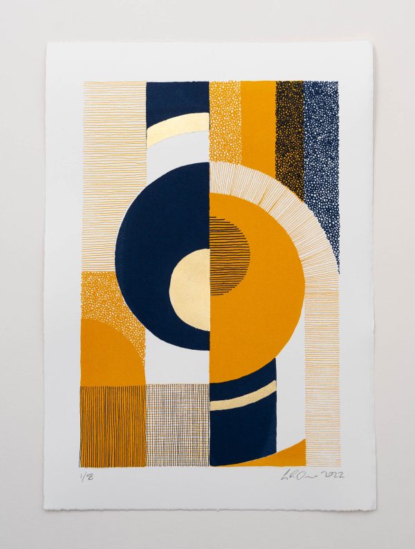 An abstract screen print with gold leaf