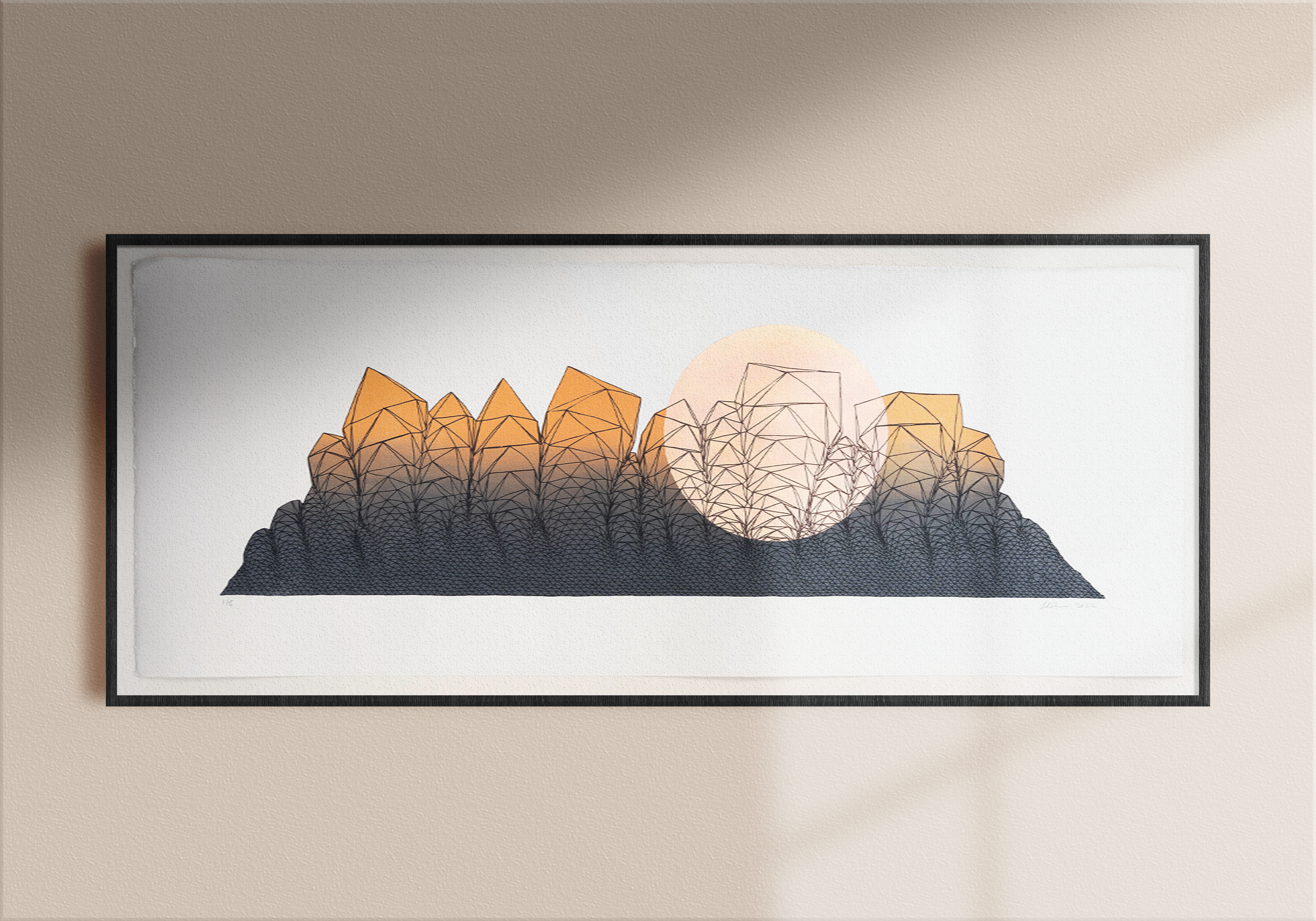 An abstract geometric screen print in a frame. Print is in copper with Payne's grey and a circle of copper leaf.