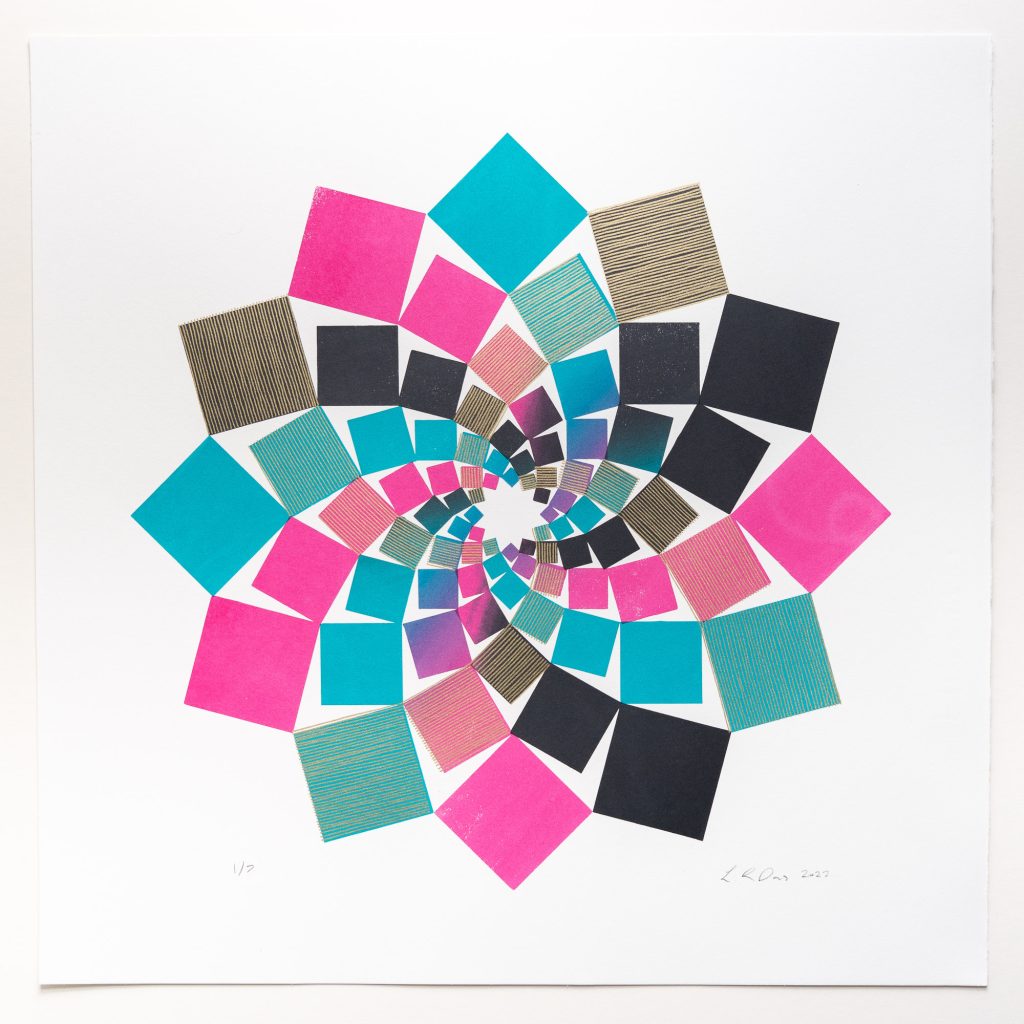 A screen print in a circular geometric pattern in magenta, turquoise, grey and gold