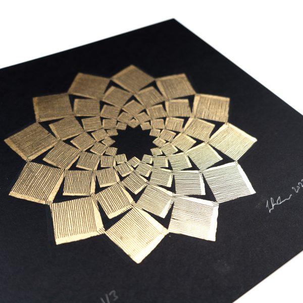 Circle of Squares Small Screen Print - Gold and Stripes on Black - Image 2